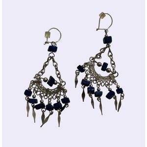 Vintage Silver Tone Chandelier Earrings Blue Stone Chip Dangle Statement